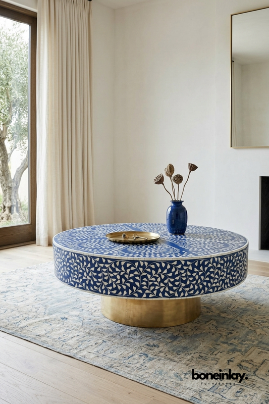 Round navy blue and ivory bone inlay coffee table featuring an intricate spiraling floral vine pattern. Elevated on a solid brass drum pedestal base for warm metallic contrast. Styled with a cobalt ceramic vase, dried lotus pods, and a brass catchall tray on a vintage-style rug. An elegant statement coffee table for living rooms and eclectic interiors.