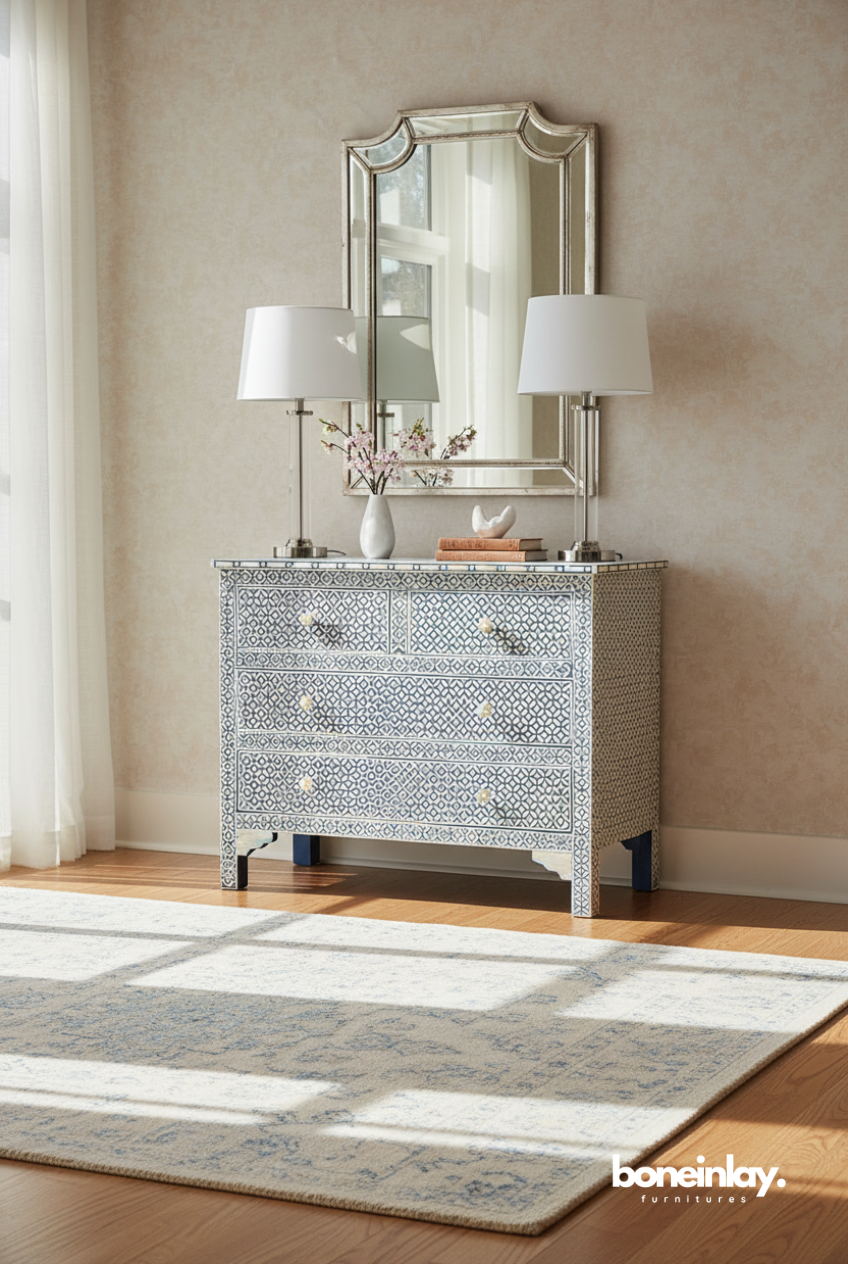 Blue Mosaic Bone Inlay Chest with Elegant Mirror Styling
