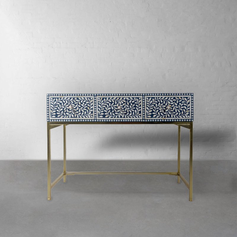 Blue leaf pattern bone inlay hallway console table with three drawers and gold-tone brass legs — artisan handmade Indian furniture