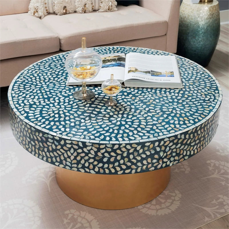 Blue and white handmade bone inlay circular coffee table with brass base, premium artisan home decor