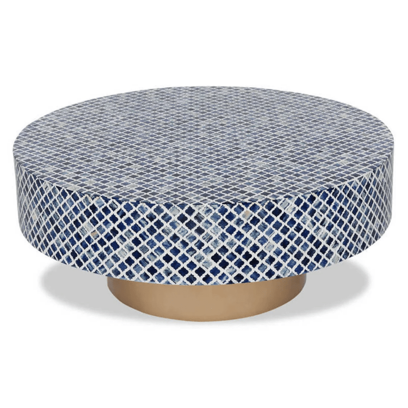 Blue and white bone inlay lattice pattern round coffee table on gold brass plinth base, handcrafted artisan luxury center table, white background