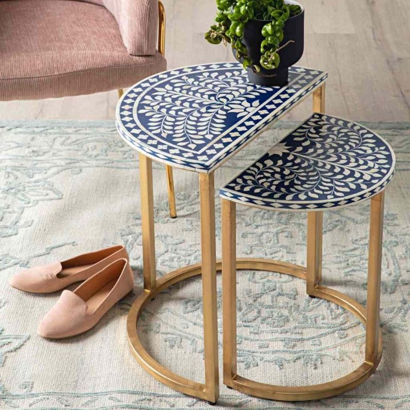Blue white botanical bone inlay nesting side table set with brass metal base, handcrafted Indian artisan luxury accent furniture