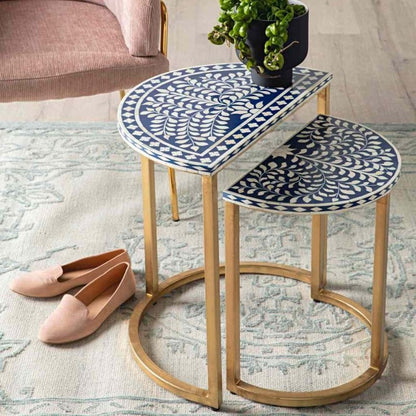 Blue white botanical bone inlay nesting side table set with brass metal base, handcrafted Indian artisan luxury accent furniture
