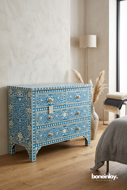 Blue Floral Bone Inlay Chest of Drawers with Handcrafted Vine Pattern