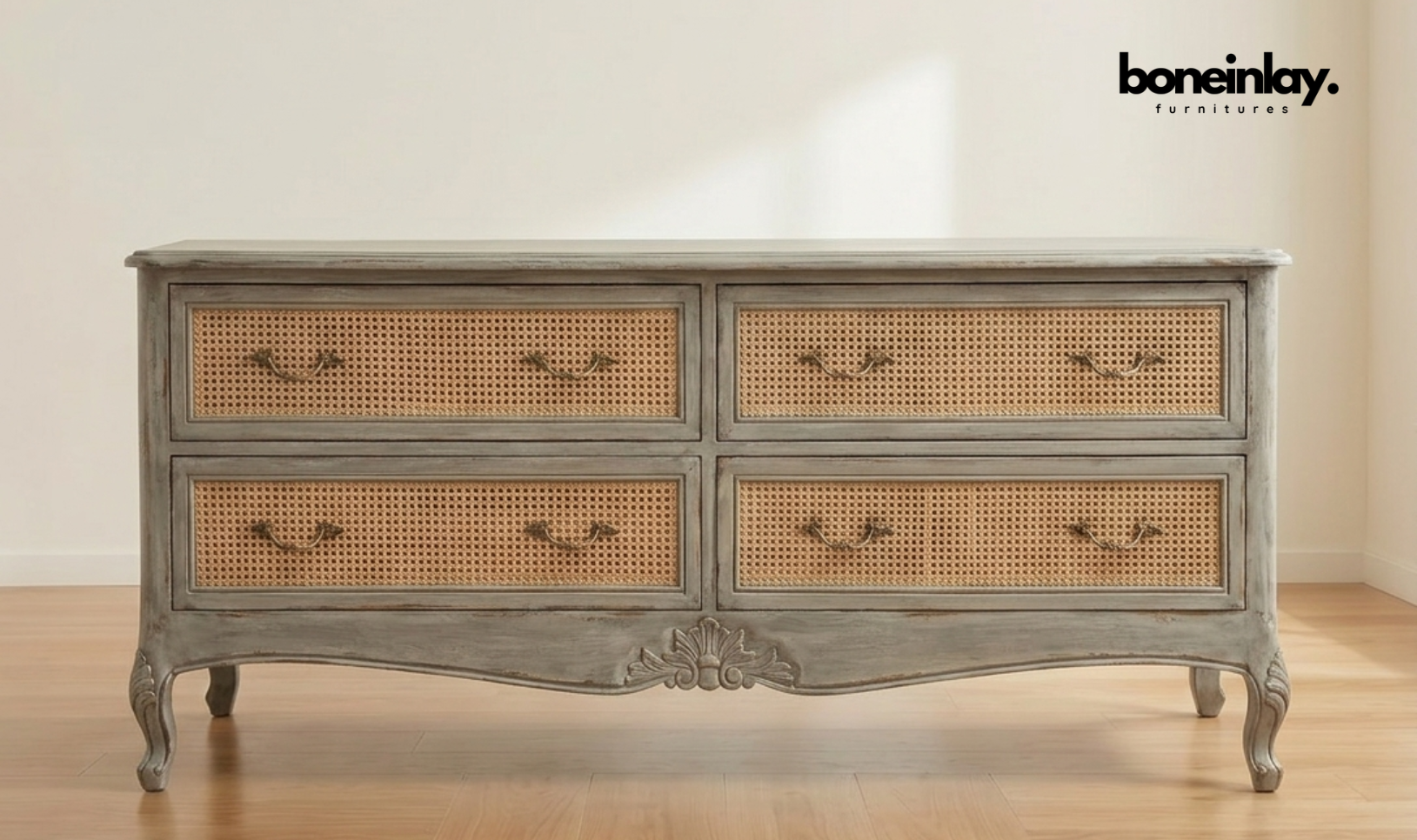 Hand-carved solid wood dresser with natural cane panel fronts part of French cane bedroom set