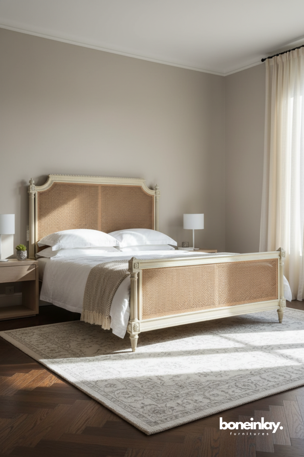 Ivory cane bed with woven rattan panels and neoclassical carved frame design.