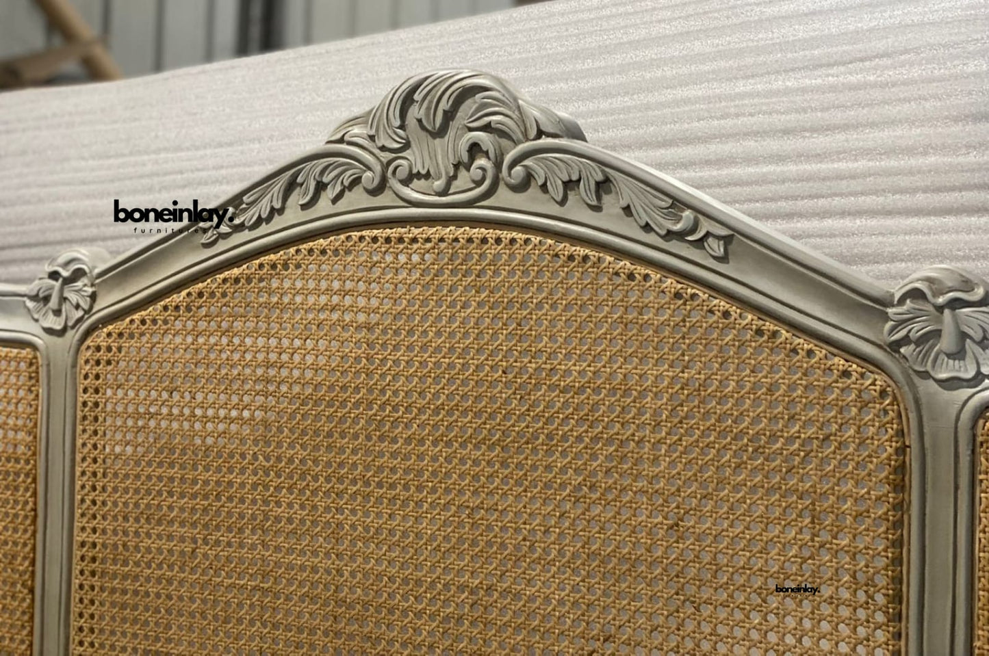 Boho-Chic Coastal Cottage Carved French Style Cane bed - headboard closeup