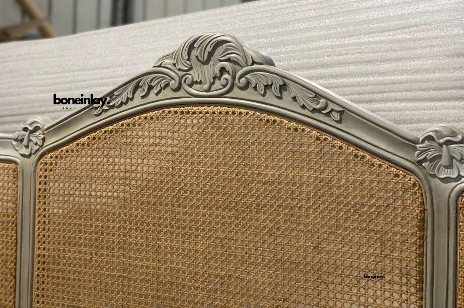 Boho-Chic Coastal Cottage Carved French Style Cane bed - headboard closeup