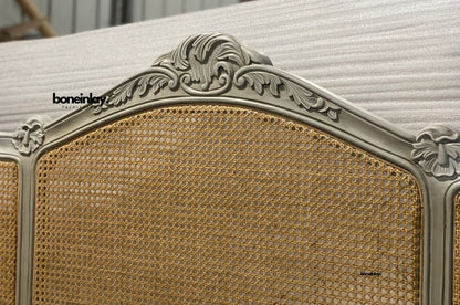 Boho-Chic Coastal Cottage Carved French Style Cane bed - headboard closeup