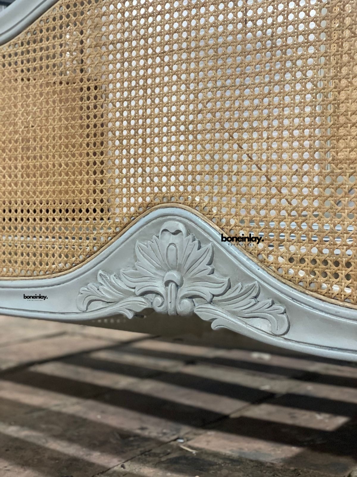 Boho-Chic Coastal Cottage Carved French Style Cane bed - Foot board carving