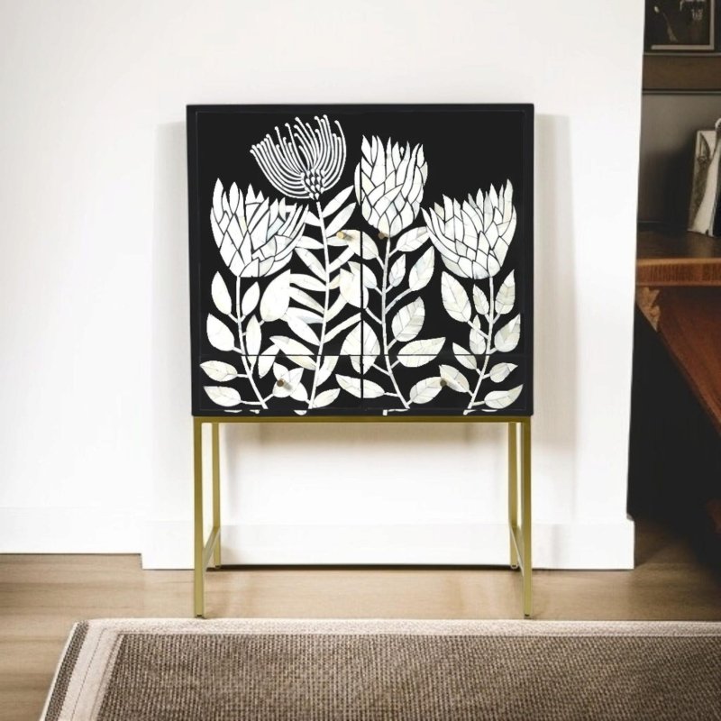 Bone inlay black tulip floral bar cabinet on gold metal stand, handcrafted luxury storage furniture – Bone Inlay Furnitures