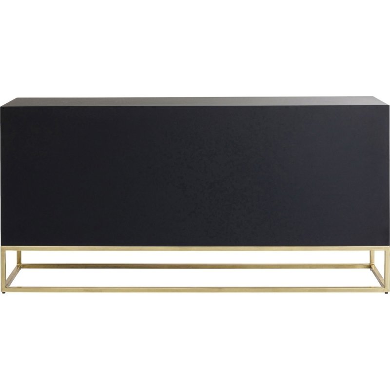 Bone inlay credenza in black solid mango wood with starburst ivory inlay pattern, four doors with gold ring handles, and gold-finish metal base