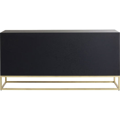 Bone inlay credenza in black solid mango wood with starburst ivory inlay pattern, four doors with gold ring handles, and gold-finish metal base