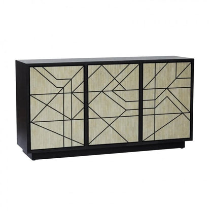Bone inlay 3-door sideboard with ivory geometric line pattern on cream inlay panels and matte black wooden frame on a clean white background