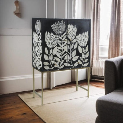 Bone inlay tulip motif handcrafted bar cabinet in a bright living room setting with natural light – Bone Inlay Furnitures