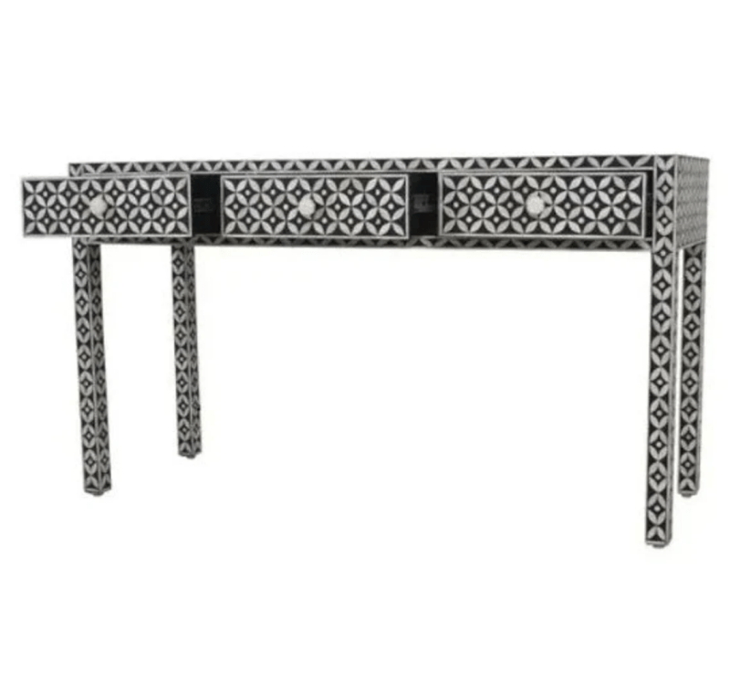 Black bone inlay console table with white geometric pattern detailing, three storage drawers and bone inlay knobs — artisan-made entryway furniture with a monochrome luxury finish.
