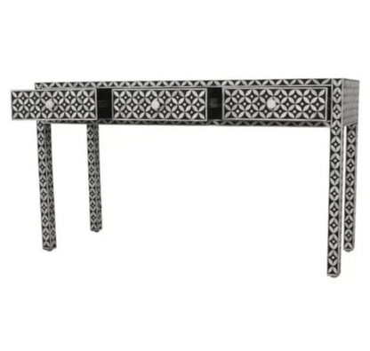Black bone inlay console table with white geometric pattern detailing, three storage drawers and bone inlay knobs — artisan-made entryway furniture with a monochrome luxury finish.