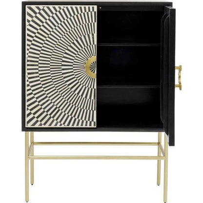 Interior view of handmade bone inlay bar cabinet with open double shelves, brass door handle, and gold metal legs on white background