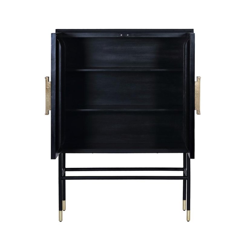 Interior view of open bone inlay bar cabinet showing two adjustable black wooden shelves, matte black body, and brushed gold handles on a black metal stand with gold leg caps