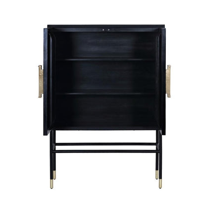Interior view of open bone inlay bar cabinet showing two adjustable black wooden shelves, matte black body, and brushed gold handles on a black metal stand with gold leg caps