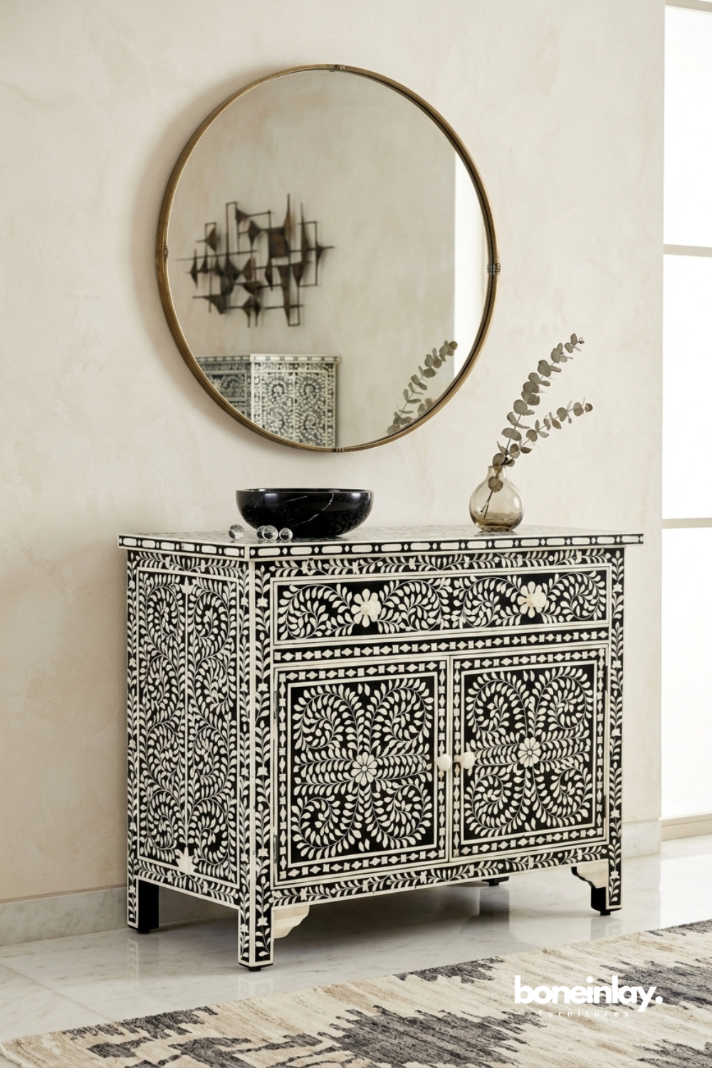 Black and White Floral Bone Inlay Accent Cabinet with Handcrafted Vine Pattern Design