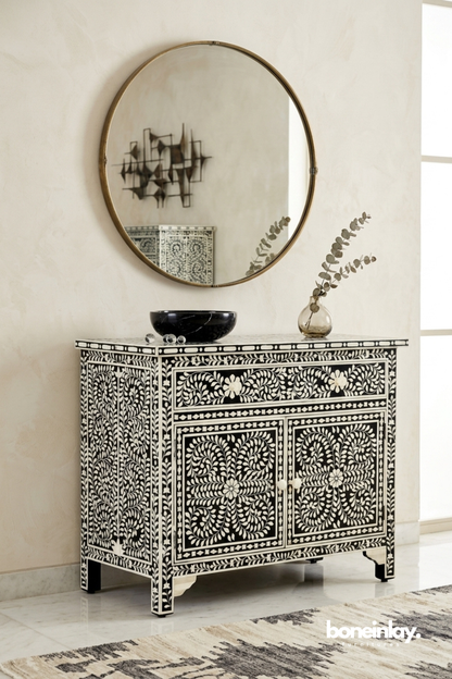 Black and White Floral Bone Inlay Accent Cabinet with Handcrafted Vine Pattern Design