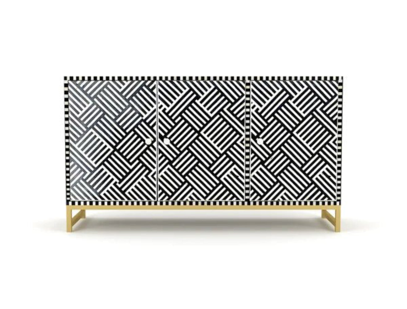 Handmade bone inlay black and white striped pattern sideboard cabinet with brass base and 3 doors on white background