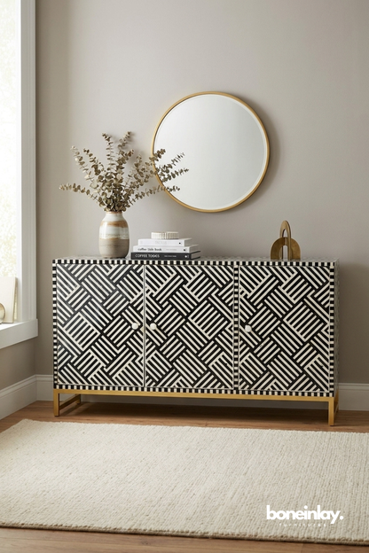 Black and White Geometric Bone Inlay Sideboard Cabinet with Brass Base and Modern Pattern Doors