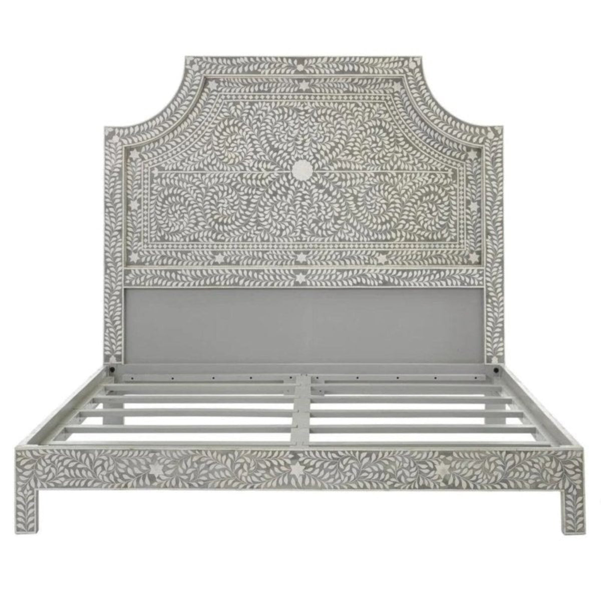 White Floral Bone Inlay Camelback Headboard Bed Frame with Intricate Vine and Petal Pattern on Grey Resin