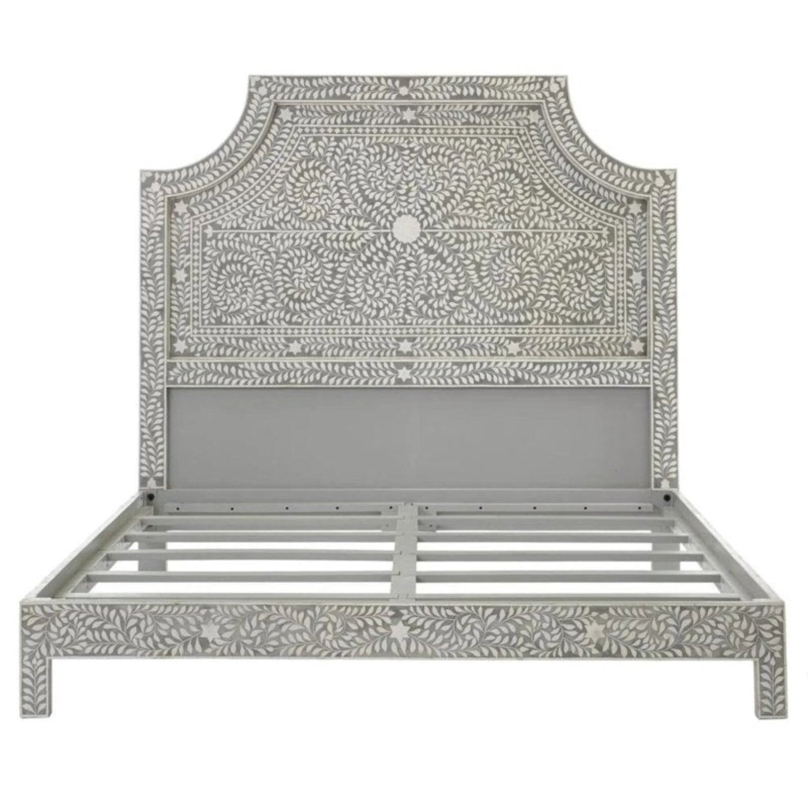 White Floral Bone Inlay Camelback Headboard Bed Frame with Intricate Vine and Petal Pattern on Grey Resin