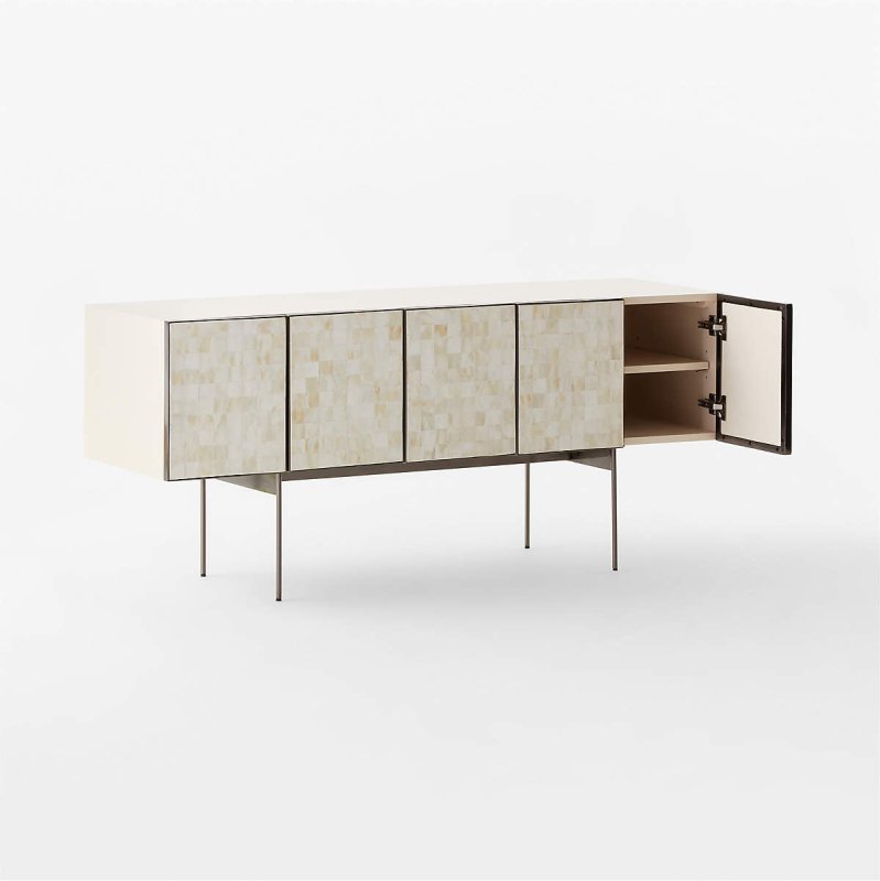 Bone inlay carreau media console showing the rear and sliding panel with two square dark hardware handles. Smooth ivory surface on the back panel contrasting the inlaid front, supported by four slender silver metal legs. Demonstrates the clean construction and structural design of the handmade entertainment unit.