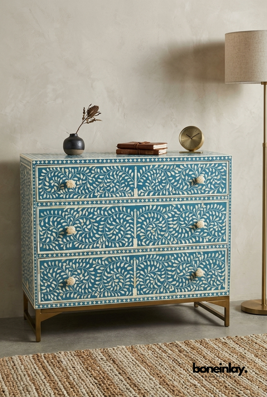 Handmade turquoise blue bone inlay chest of three drawers with spiral floral pattern and brass legs, bedroom storage furniture