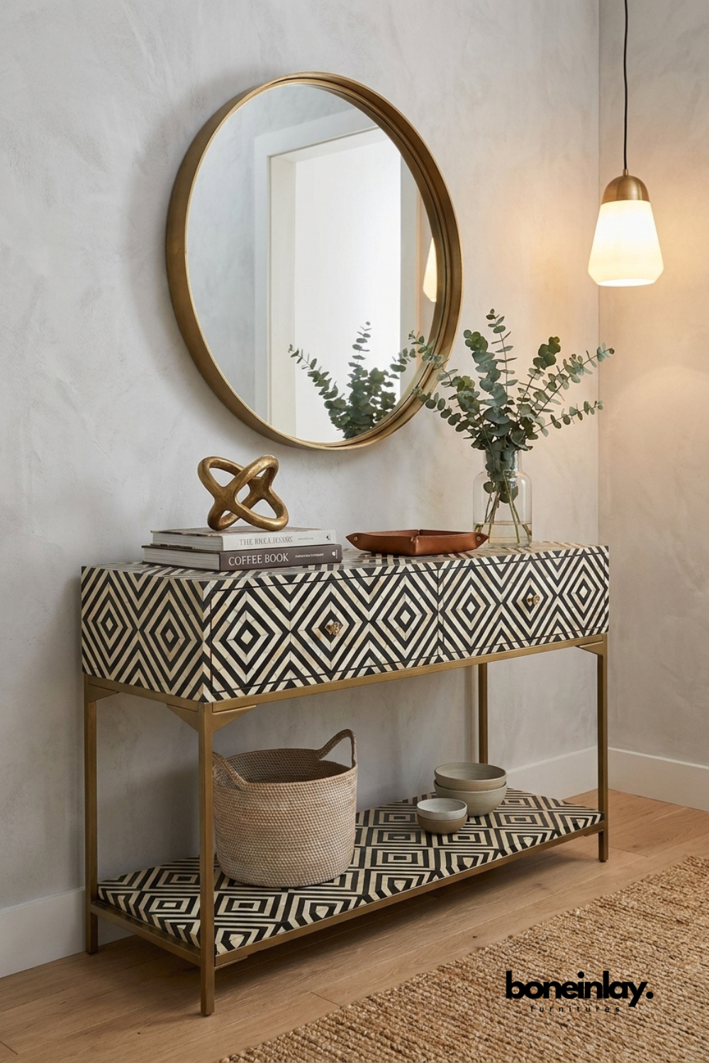 Black and white geometric bone inlay console table with two drawers, handcrafted diamond inlay pattern, brass frame, lower display shelf, and elegant entryway or hallway storage furniture.
