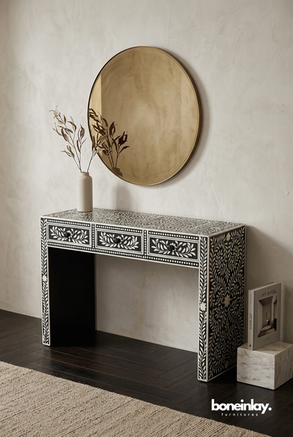 Black and White Bone Inlay Console Table with Floral Vine Pattern and Three Storage Drawers