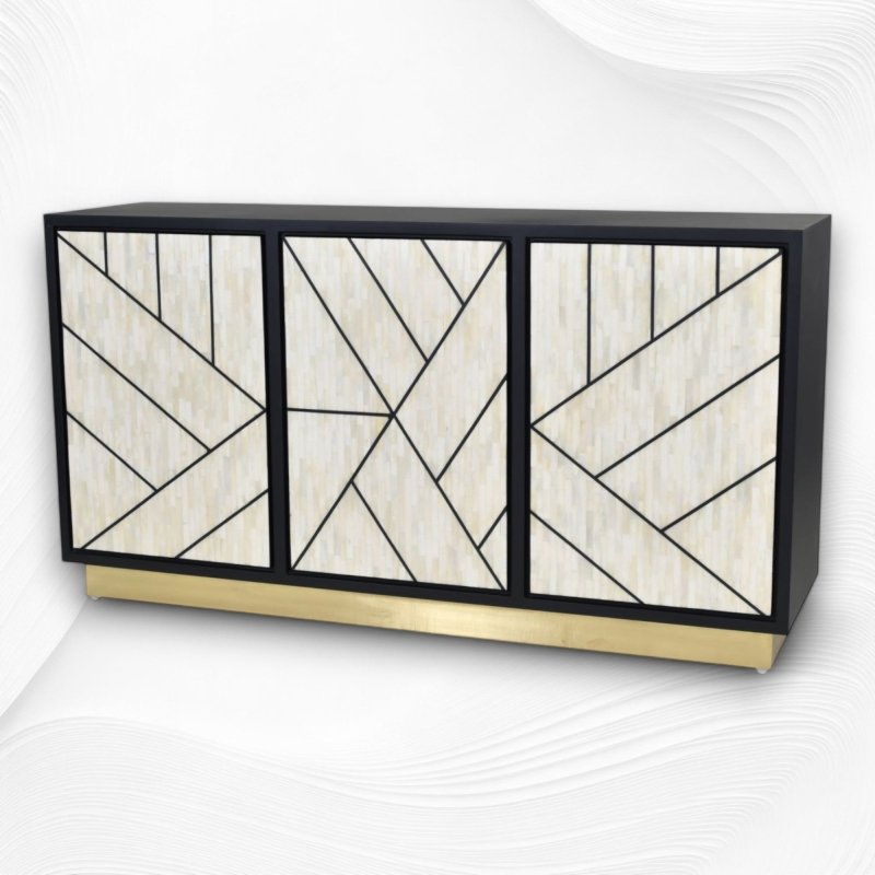 hand-laid ivory bone tile inlay on a black mango wood credenza frame, revealing precise geometric line work and fine artisan craftsmanship quality.