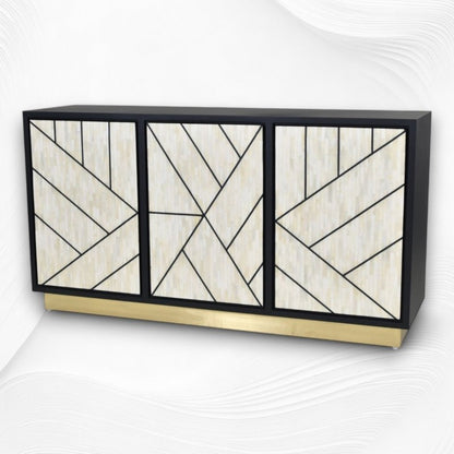 hand-laid ivory bone tile inlay on a black mango wood credenza frame, revealing precise geometric line work and fine artisan craftsmanship quality.