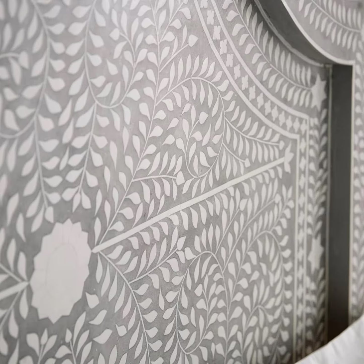 Bone Inlay Floral Headboard Platform Bed in Grey with Mango Wood Frame and Intricate Hand-Set Inlay Work