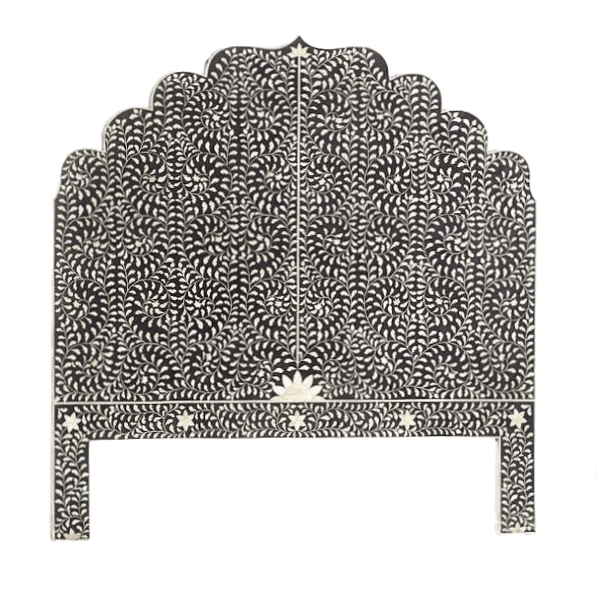 Bone Inlay Floral Mehrab Headboard in black with intricate white camel bone inlay pattern on mango wood