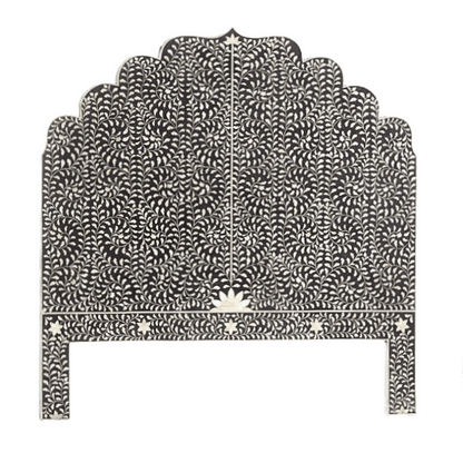 Bone Inlay Floral Mehrab Headboard in black with intricate white camel bone inlay pattern on mango wood