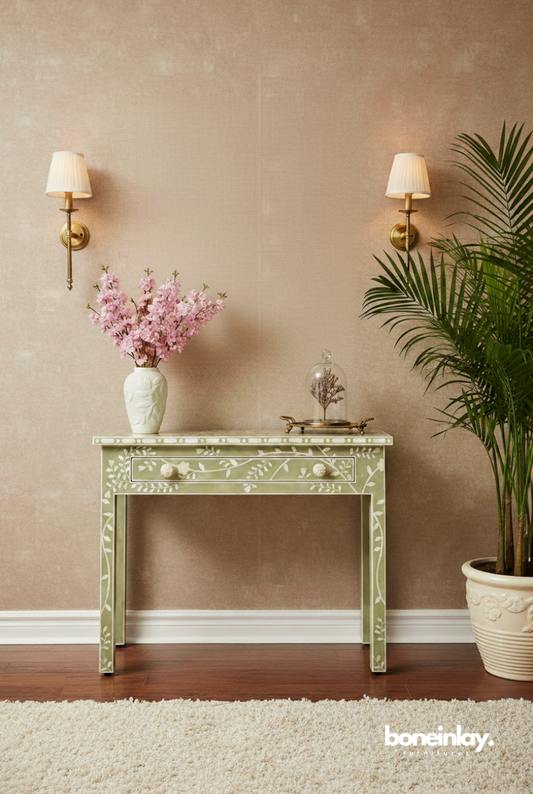 Handmade bone inlay sage green console table with white floral vine pattern, single drawer, and carved bone knobs on square inlay legs