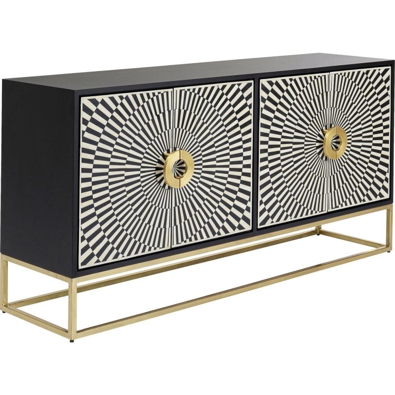 Four-door bone inlay credenza in black with starburst ivory inlay design and gold-finish slim metal base, handcrafted from solid mango wood