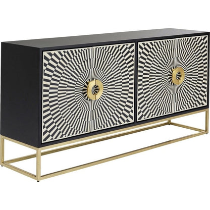 Four-door bone inlay credenza in black with starburst ivory inlay design and gold-finish slim metal base, handcrafted from solid mango wood