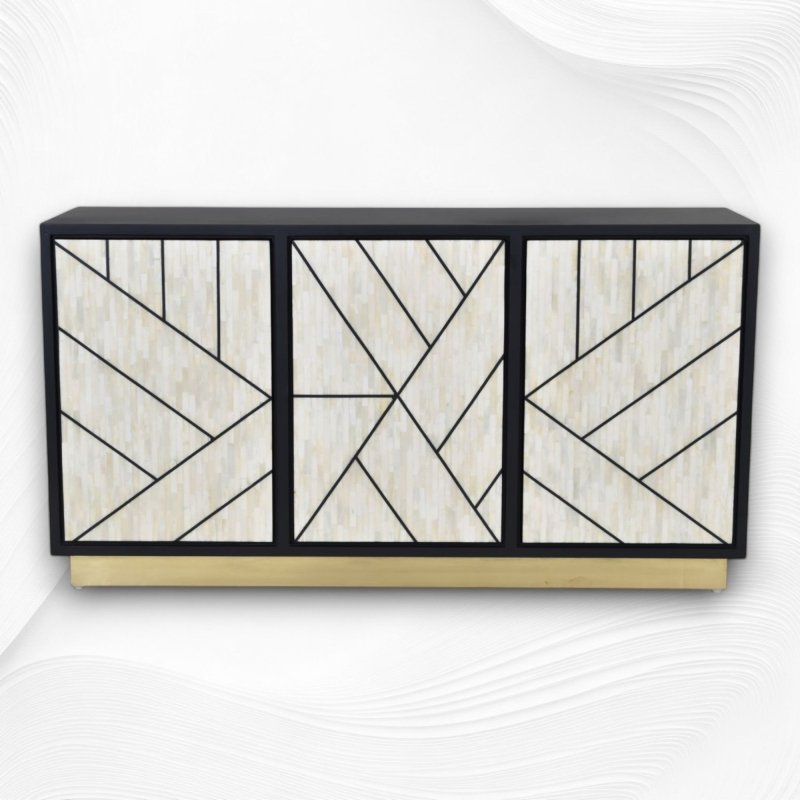 Handcrafted ivory bone inlay three-door credenza with graphic black geometric line inlay pattern, solid mango wood black body, and gold metal plinth base.