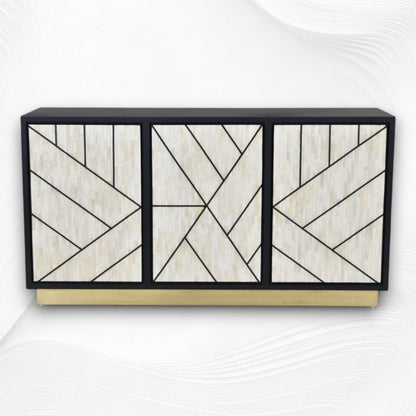 Handcrafted ivory bone inlay three-door credenza with graphic black geometric line inlay pattern, solid mango wood black body, and gold metal plinth base.