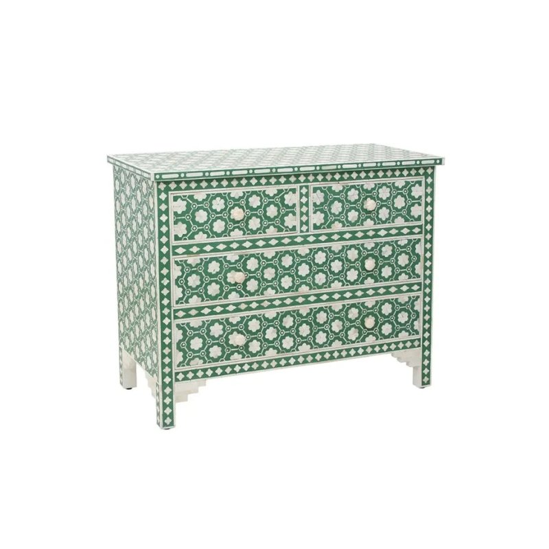 Angled view of handcrafted emerald green bone inlay dresser with floral geometric pattern fully covering all four drawer fronts and sides