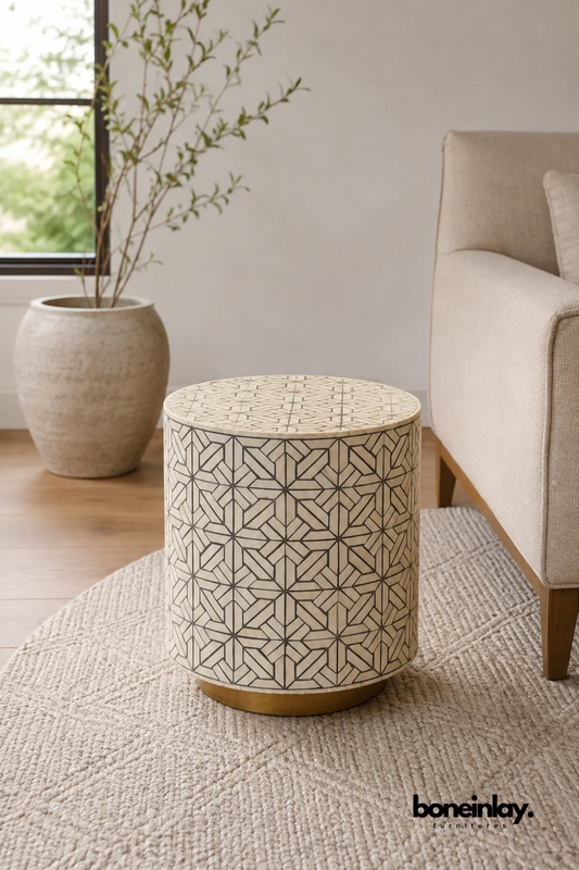 Round bone inlay drum side table with a bold geometric star pattern.
Cylindrical form sits on a solid brass base for added stability.
Intricate black and white inlay wraps the top and sides seamlessly.
Styled beside a beige sofa and tall potted plant.