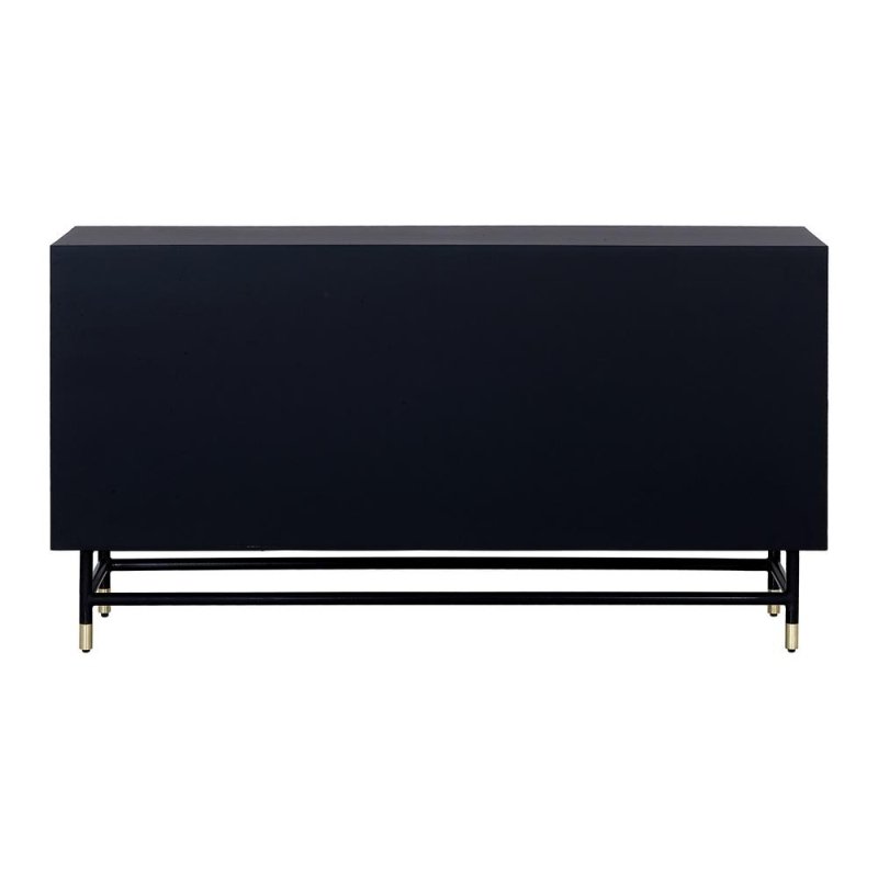 Rear profile of bone inlay media console showing solid mango wood dark top surface and black powder-coated metal frame with brass accent feet.