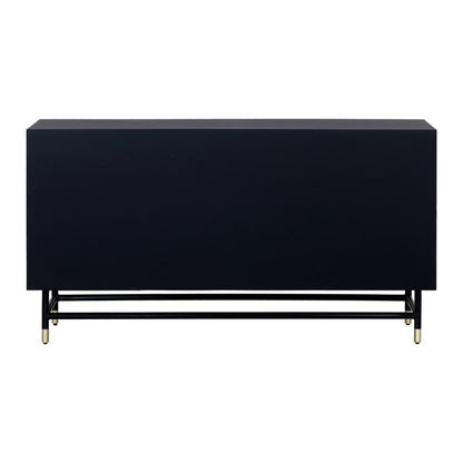 Rear profile of bone inlay media console showing solid mango wood dark top surface and black powder-coated metal frame with brass accent feet.