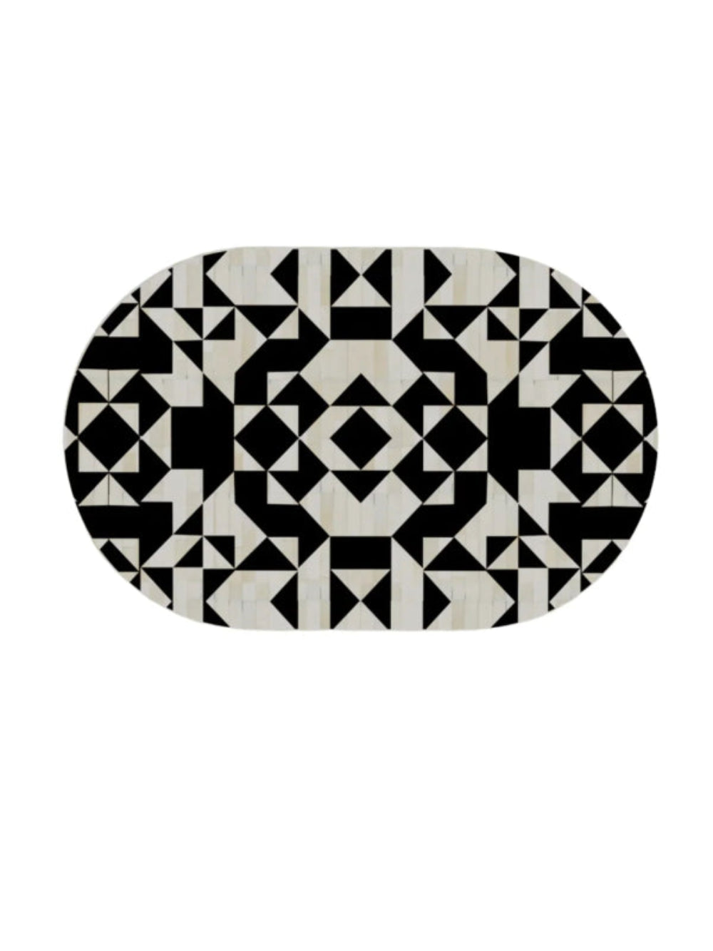Flat lay of bone inlay oval tabletop featuring intricate black and white geometric medallion pattern handcrafted artisan design