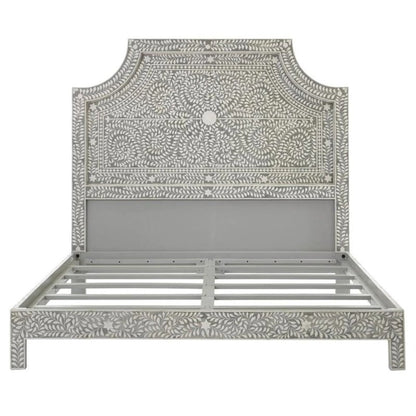 Grey Bone Inlay Platform Bed with Camelback Headboard and Full Floral Vine Inlay on Mango Wood Frame